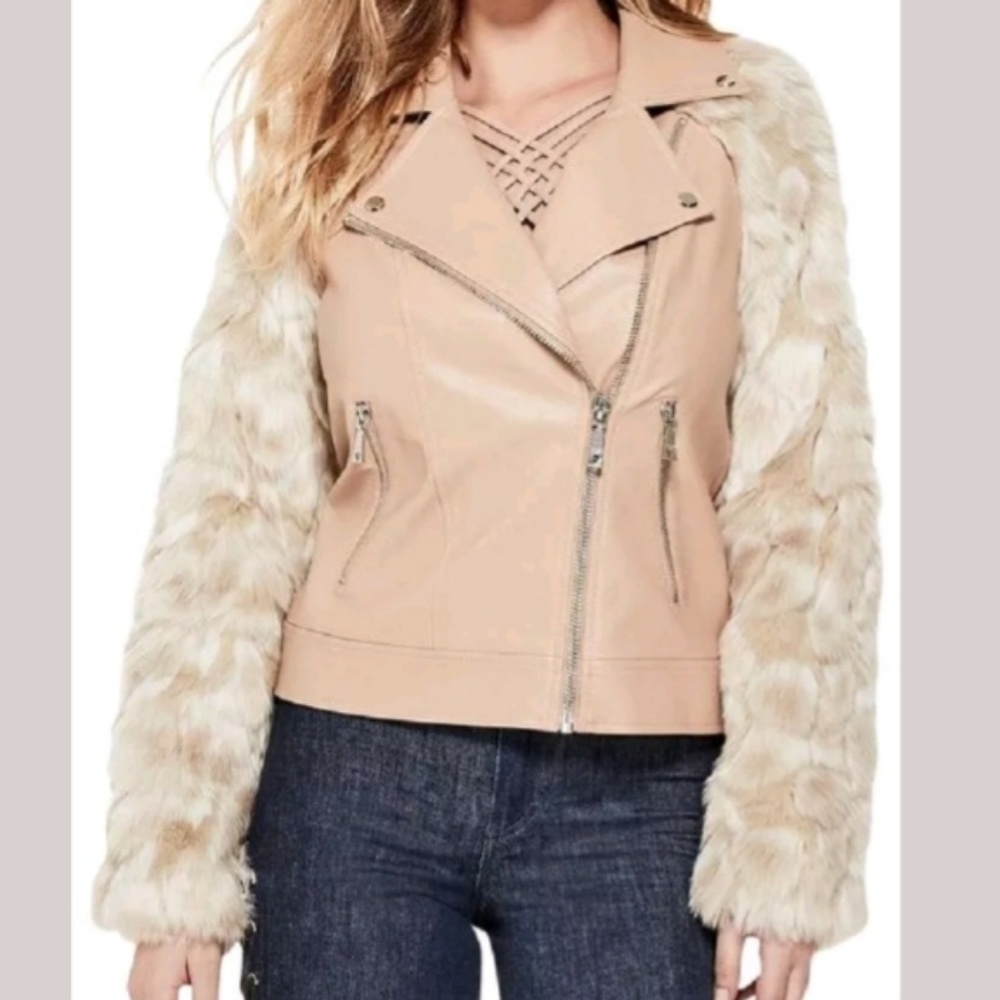 GUESS MARCO FAUX LEATHER & FUR MOTO JACKET SZ S